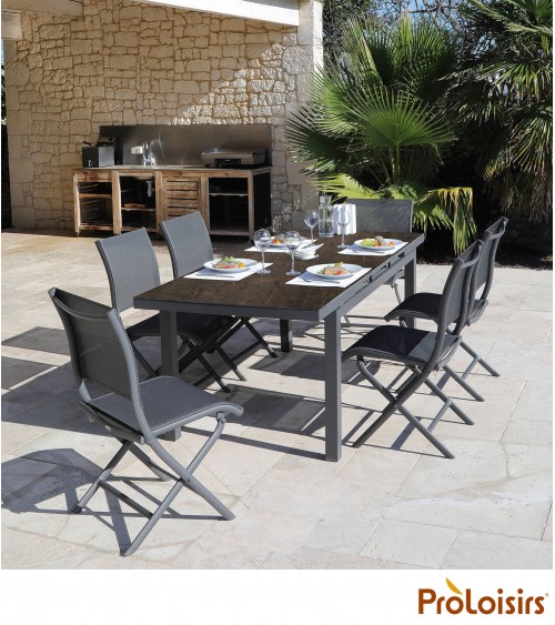 TABLE TERAMO 180/235 PLATEAU FUNDERMAX® Coloris:Châssis Graphite / Plateau HPL Cave Eco-participation    :Prix de vente comprena