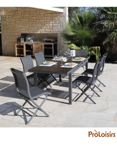 TABLE TERAMO 180/235 PLATEAU FUNDERMAX® Coloris:Châssis Graphite / Plateau HPL Cave Eco-participation    :Prix de vente comprena
