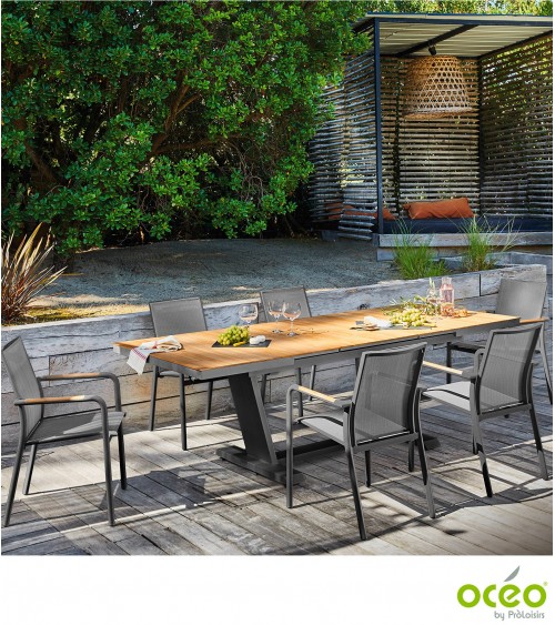 Table AMBER 180/240 Plateau à lames Teck FSC® Coloris:Châssis Graphite / Plateau Teck FSC®  Eco-participation    :Prix de vente 