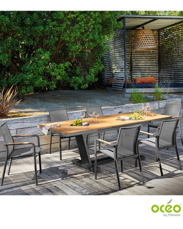 Table AMBER 180/240 Plateau à lames Teck FSC® Coloris:Châssis Graphite / Plateau Teck FSC®  Eco-participation    :Prix de vente 
