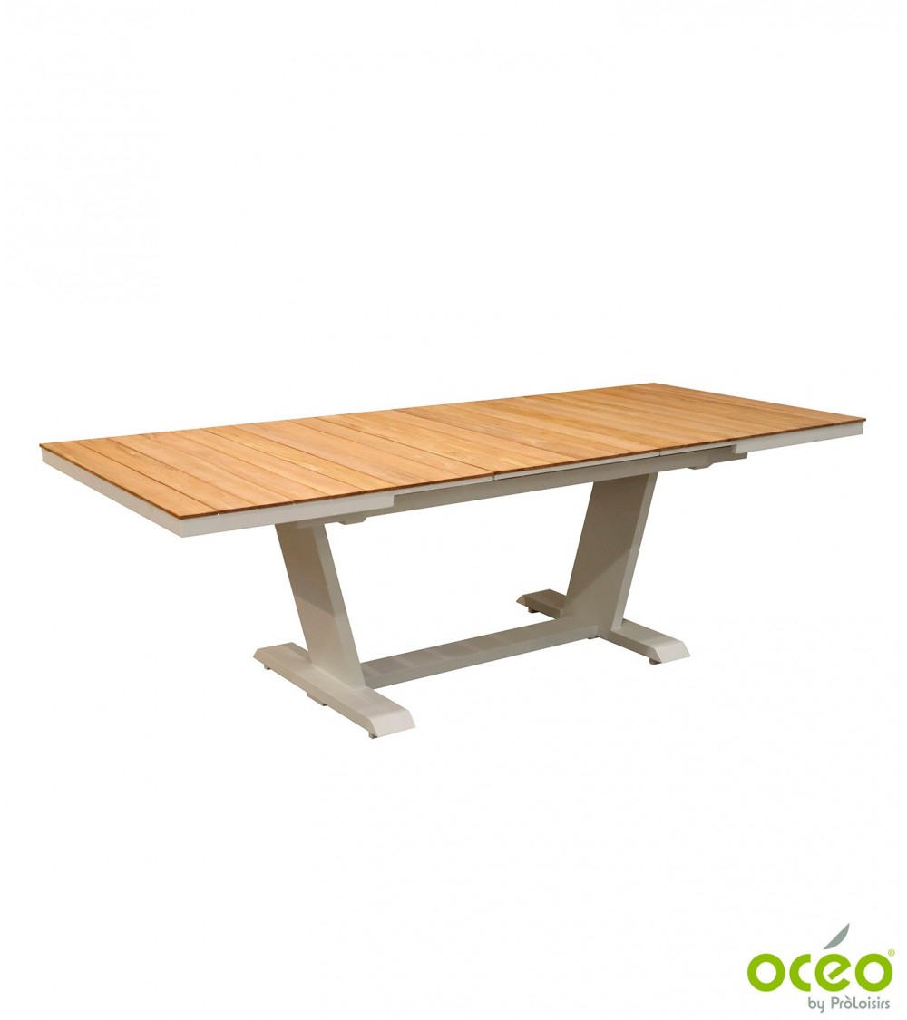 Table AMBER 180/240 Plateau à lames Teck FSC® Coloris:Châssis Blanc / Plateau Teck FSC®  Eco-participation    :Prix de vente com