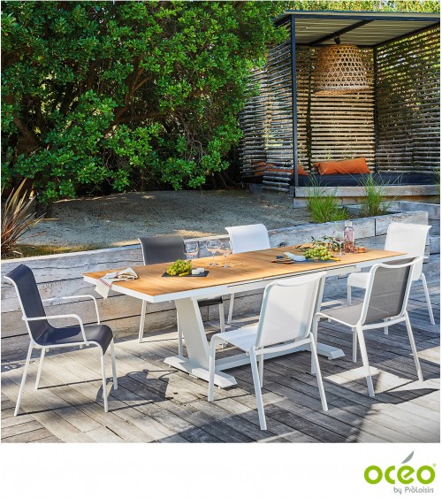 Table AMBER 180/240 Plateau à lames Teck FSC® Coloris:Châssis Blanc / Plateau Teck FSC®  Eco-participation    :Prix de vente com