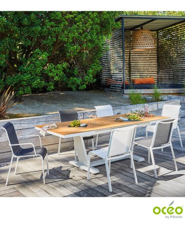 Table AMBER 180/240 Plateau à lames Teck FSC® Coloris:Châssis Blanc / Plateau Teck FSC®  Eco-participation    :Prix de vente com