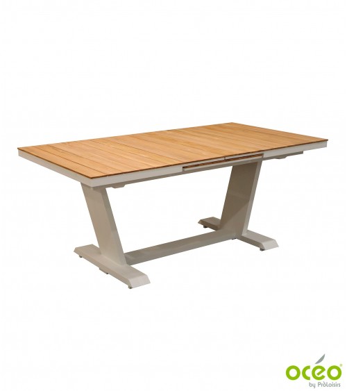 Table AMBER 180/240 Plateau à lames Teck FSC® Coloris:Châssis Blanc / Plateau Teck FSC®  Eco-participation    :Prix de vente com