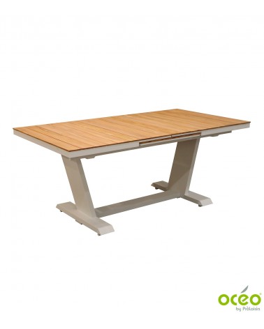 Table AMBER 180/240 Plateau à lames Teck FSC® Coloris:Châssis Blanc / Plateau Teck FSC®  Eco-participation    :Prix de vente com