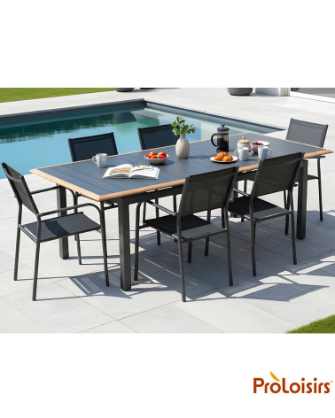 Table PALMA 187/247 Coloris:Châssis Graphite / Plateau Graphite contour chêne  Eco-participation :Prix de vente comprenant l' éc