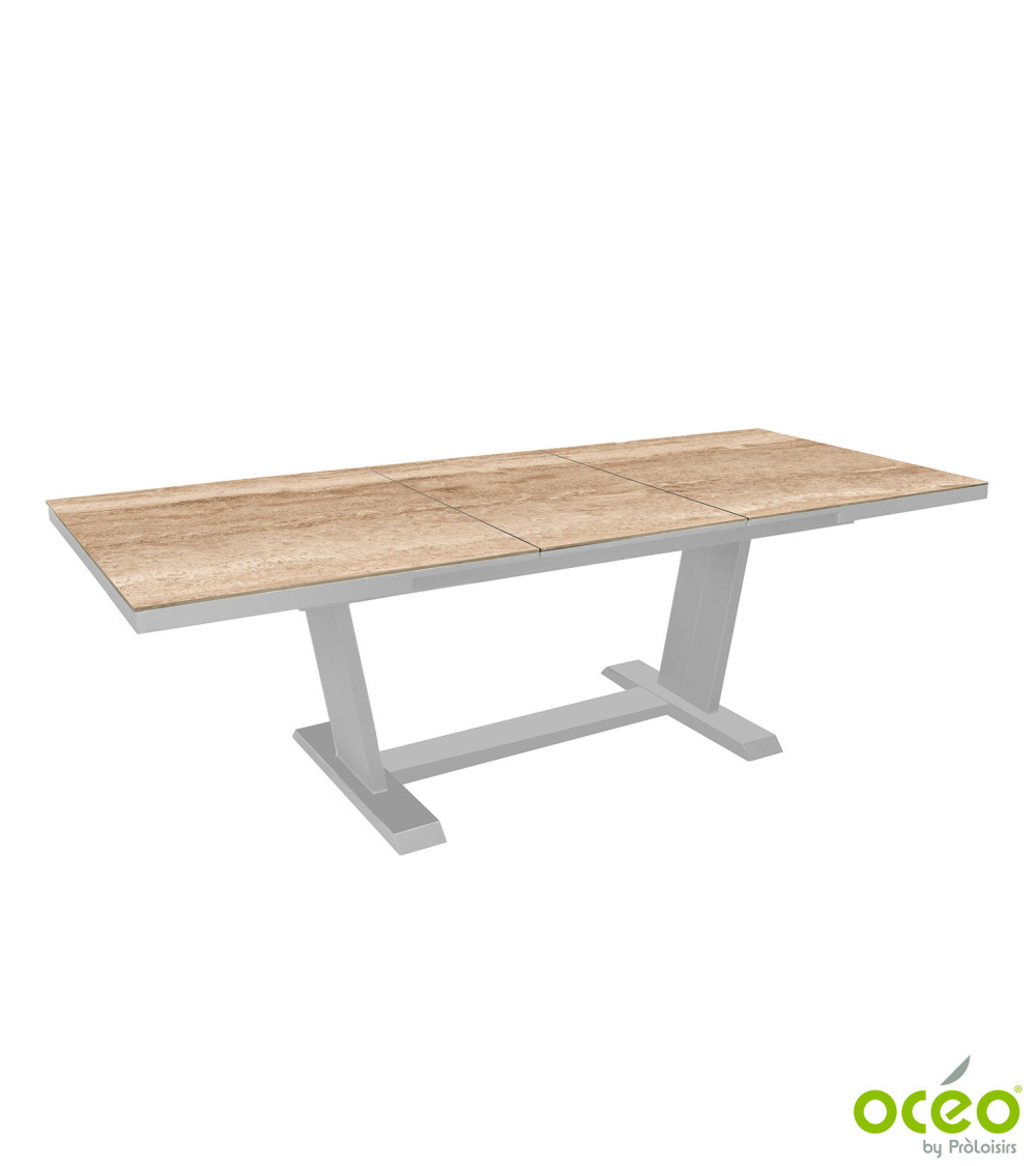 Table AMBER 180/240 Plateau Kedra® Coloris:Châssis Blanc/Plateau Kedra® Travertin  Eco-participation :Prix de vente comprenant l