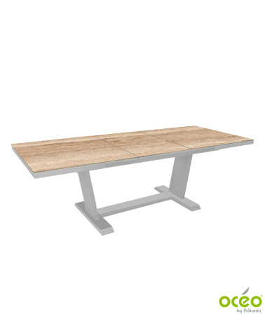 Table AMBER 180/240 Plateau Kedra® Coloris:Châssis Blanc/Plateau Kedra® Travertin  Eco-participation :Prix de vente comprenant l