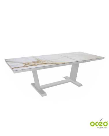 Table AMBER 180/240 Plateau Kedra® Coloris:Châssis Blanc/Plateau Kedra® Praline  Eco-participation :Prix de vente comprenant l' 