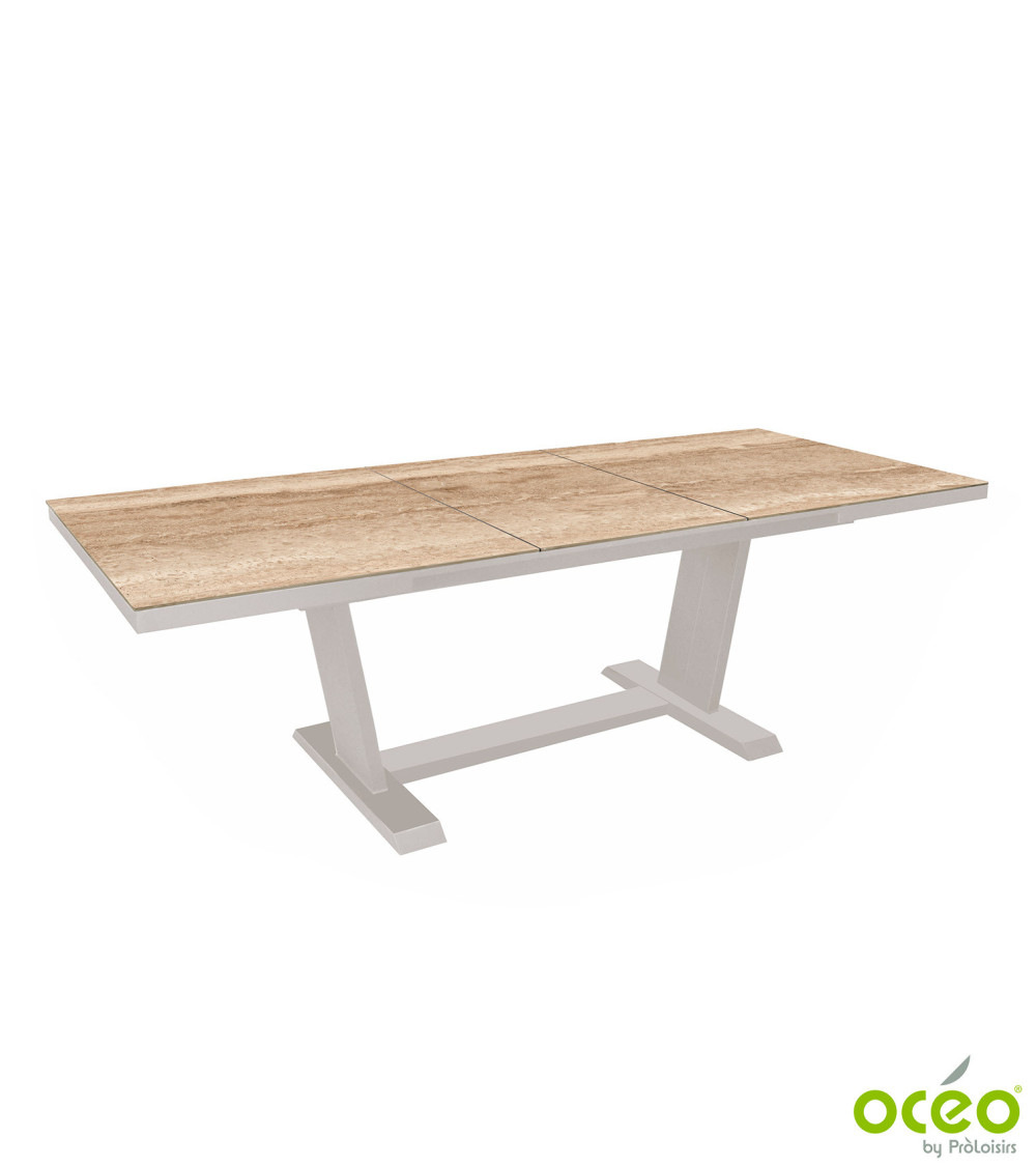Table AMBER 180/240 Plateau Kedra® Coloris:Châssis Crème/Plateau Kedra® Travertin  Eco-participation :Prix de vente comprenant l