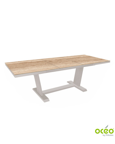 Table AMBER 180/240 Plateau Kedra® Coloris:Châssis Crème/Plateau Kedra® Travertin  Eco-participation :Prix de vente comprenant l