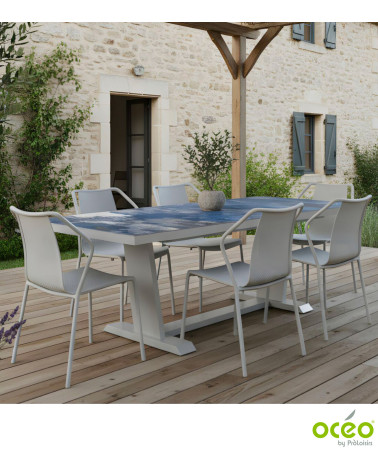 Table AMBER 180/240 Plateau Kedra® Coloris:Châssis Blanc/Plateau Kedra® Obéron  Eco-participation :Prix de vente comprenant l' é
