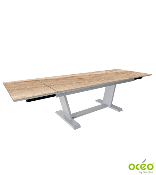 Table AMBER 180/230/280 Plateau Kedra® Coloris:Châssis Blanc/Plateau Kedra® Travertin  Eco-participation :Prix de vente comprena