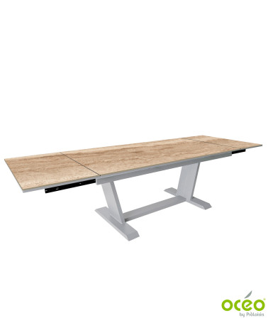 Table AMBER 180/230/280 Plateau Kedra® Coloris:Châssis Blanc/Plateau Kedra® Travertin  Eco-participation :Prix de vente comprena