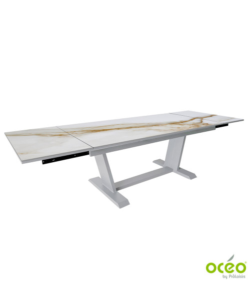 Table AMBER 180/230/280 Plateau Kedra® Coloris:Châssis Blanc/Plateau Kedra® Praline  Eco-participation :Prix de vente comprenant