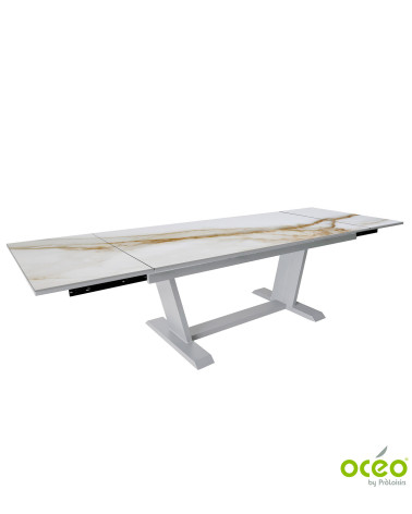 Table AMBER 180/230/280 Plateau Kedra® Coloris:Châssis Blanc/Plateau Kedra® Praline  Eco-participation :Prix de vente comprenant