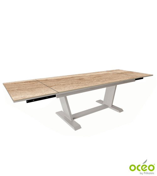 Table AMBER 180/230/280 Plateau Kedra® Coloris:Châssis Crème/Plateau Kedra® Travertin  Eco-participation :Prix de vente comprena