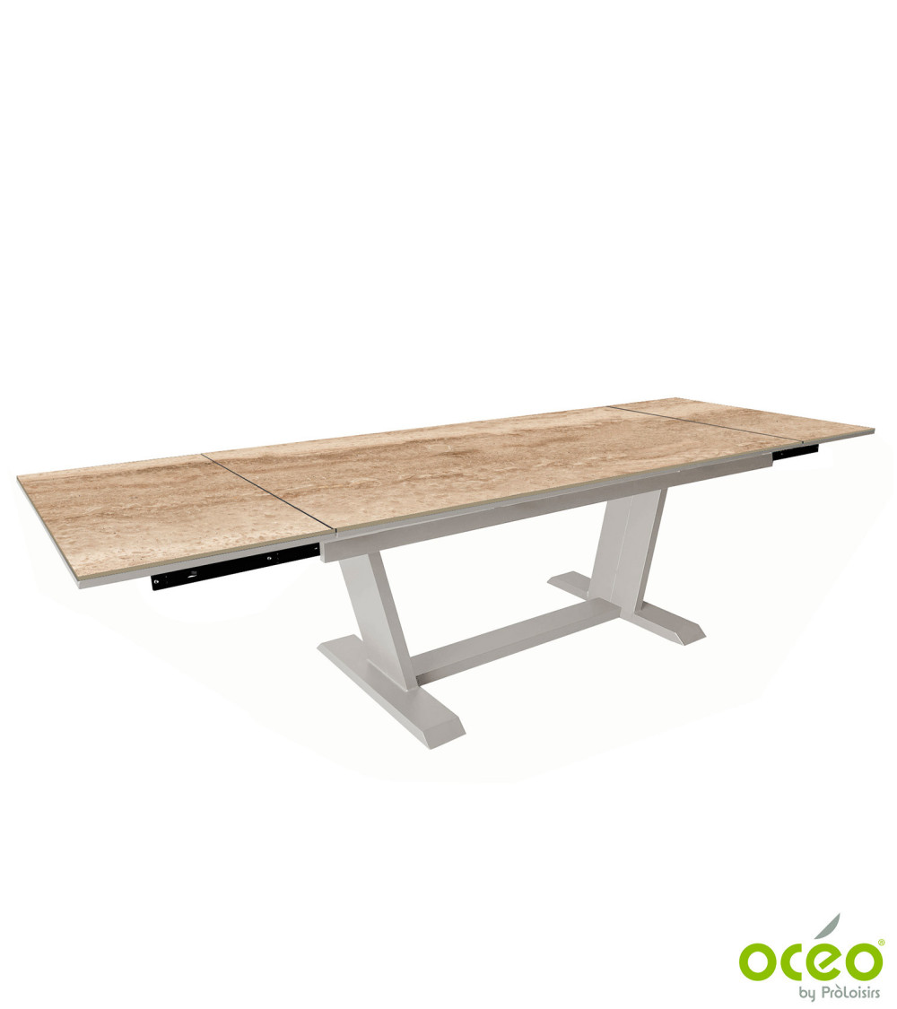 Table AMBER 180/230/280 Plateau Kedra® Coloris:Châssis Crème/Plateau Kedra® Travertin  Eco-participation :Prix de vente comprena