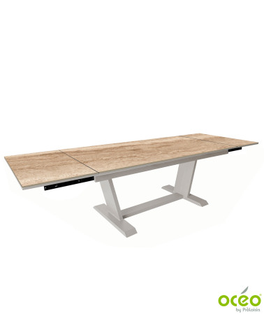 Table AMBER 180/230/280 Plateau Kedra® Coloris:Châssis Crème/Plateau Kedra® Travertin  Eco-participation :Prix de vente comprena