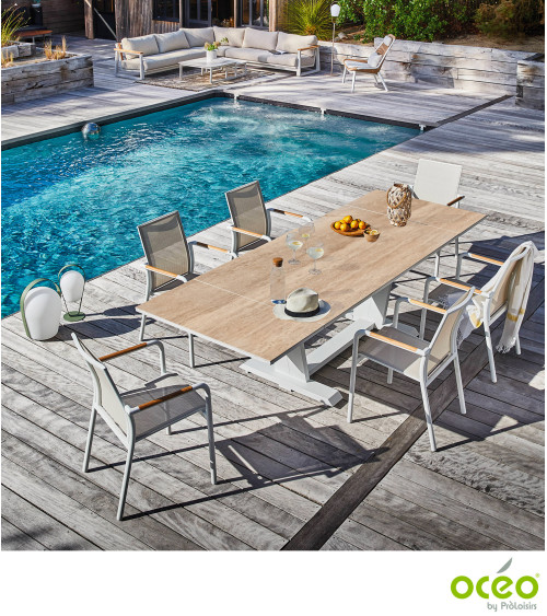 Table AMBER 180/230/280 Plateau Kedra® Coloris:Châssis Blanc/Plateau Kedra® Travertin  Eco-participation :Prix de vente comprena