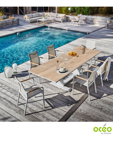 Table AMBER 180/230/280 Plateau Kedra® Coloris:Châssis Blanc/Plateau Kedra® Travertin  Eco-participation :Prix de vente comprena