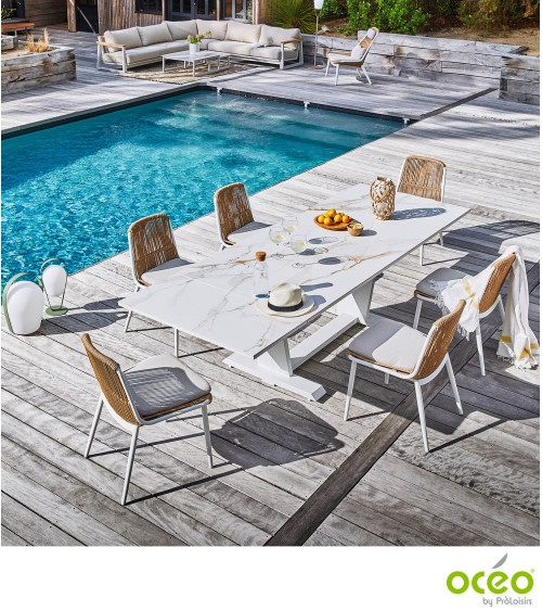 Table AMBER 180/230/280 Plateau Kedra® Coloris:Châssis Blanc/Plateau Kedra® Praline  Eco-participation :Prix de vente comprenant