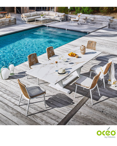 Table AMBER 180/230/280 Plateau Kedra® Coloris:Châssis Blanc/Plateau Kedra® Praline  Eco-participation :Prix de vente comprenant