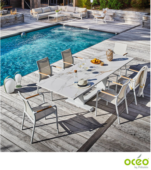 Table AMBER 180/230/280 Plateau Kedra® Coloris:Châssis Blanc/Plateau Kedra® Praline  Eco-participation :Prix de vente comprenant