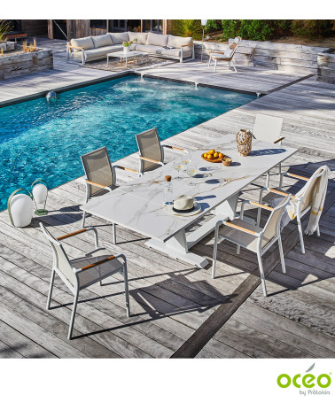 Table AMBER 180/230/280 Plateau Kedra® Coloris:Châssis Blanc/Plateau Kedra® Praline  Eco-participation :Prix de vente comprenant