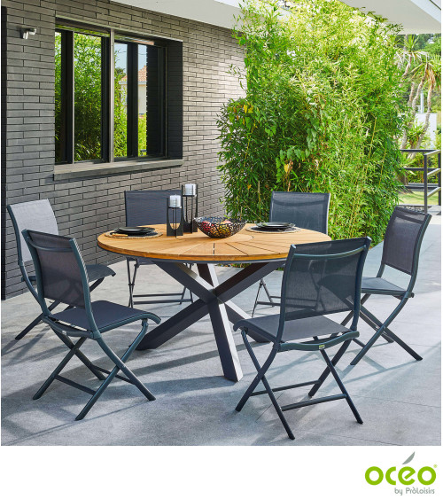 Table ronde FERRONE 150 plateau teck FSC® Coloris:Châssis Graphite / Plateau Teck FSC®   Eco-participation :Prix de vente compre