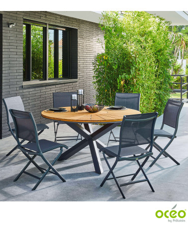 Table ronde FERRONE 150 plateau teck FSC® Coloris:Châssis Graphite / Plateau Teck FSC®   Eco-participation :Prix de vente compre