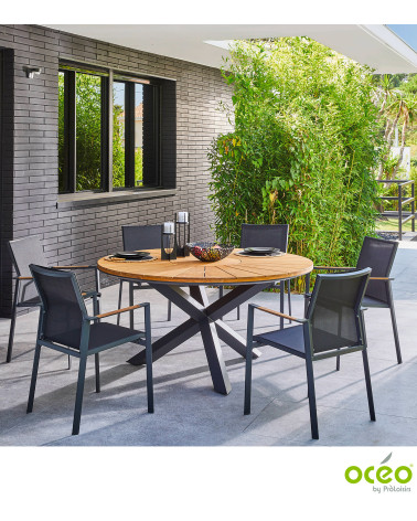 Table ronde FERRONE 150 plateau teck FSC® Coloris:Châssis Graphite / Plateau Teck FSC®   Eco-participation :Prix de vente compre