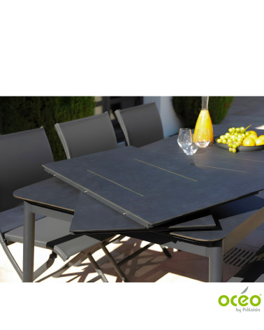 TABLE DUBLIN 200/250/300 PLATEAU TRESPA® Coloris:Châssis Graphite/Plateau Trespa® Stone Black  Eco-participation :Prix de vente 