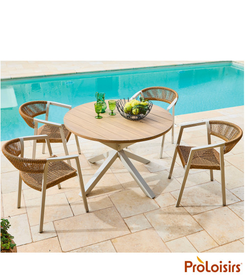 Table ORIANE 112 plateau acacia FSC® Coloris:Châssis Crème / Plateau Acacia FSC®   Eco-participation :Prix de vente comprenant l
