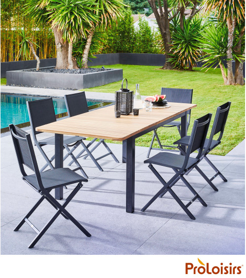 Table BALITO 160/220 plateau Acacia FSC® Coloris:Châssis Graphite / Plateau Teck FSC®   Eco-participation :Prix de vente compren