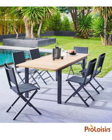 Table BALITO 160/220 plateau Acacia FSC® Coloris:Châssis Graphite / Plateau Teck FSC®   Eco-participation :Prix de vente compren