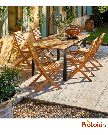 Table BALITO 160/220 plateau Acacia FSC® Coloris:Châssis Graphite / Plateau Teck FSC®   Eco-participation :Prix de vente compren